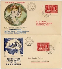 CANADA 1935 JUBILEE 2 ILLUSTRATED COVERS EASTERN ARCTIC PATROL SHIP NASCOPIE