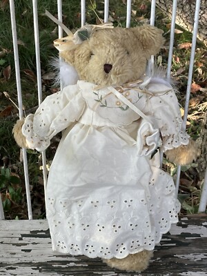 VINTAGE Teddy Bear Plush Angel Golden Feather Wings 16