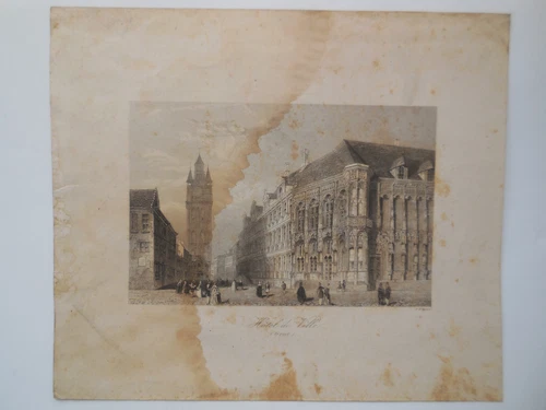 Steel engraving Hotel de Ville in Ghent around 1850; A H Payne