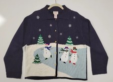 Women's Vintage Knit Navy Blue Holiday Winter Snowmen Theme Cardigan Size L