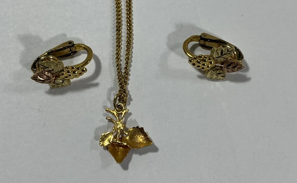 10K Black Hills 金色三色复古项链/夹子耳环套装叶子/葡萄复古 — 第 3/4 张图片