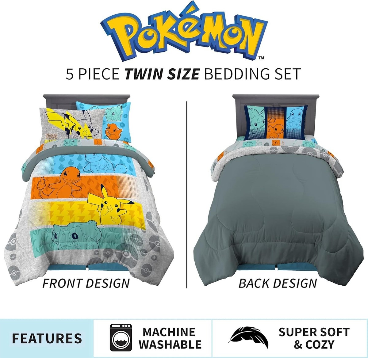 Couette Enfant Pokémon – Pikachu Et Squirtle, Taille Twin, Multicolore