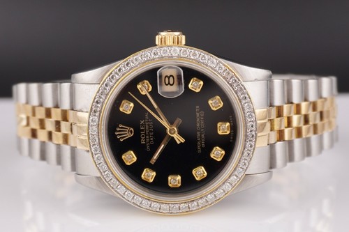 Rolex Ladies Datejust 31mm 18k Yellow Gold/Steel ICED 1.25ct Diamonds Black Dial