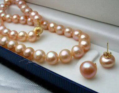 8-9MM Pink Genuine Natural Akoya Cultured Pearl Necklace 18'' + Earrings Set - Picture 1 of 1