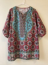 Women’s Multicolor Floral Rayon Hippie 3/4 Sleeve Tunic Dress - Size: Medium