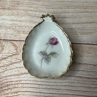 Vintage Gold Rim Pink Rose Pineapple Porcelain Trinket Ring Catch Dish MCM Japan