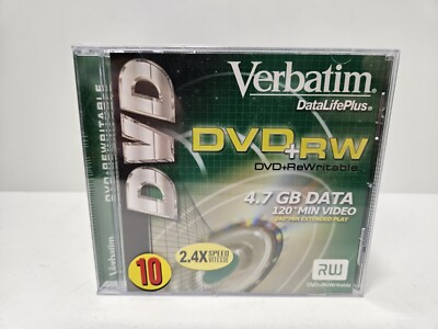 New Verbatim DVD+RW 4.7GB 2.4 X 10pk Factory Sealed Jewel Case