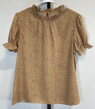 Shein Womens VCAY Allover Print Puff Sleeve Blouse Khaki Black M Cheetah