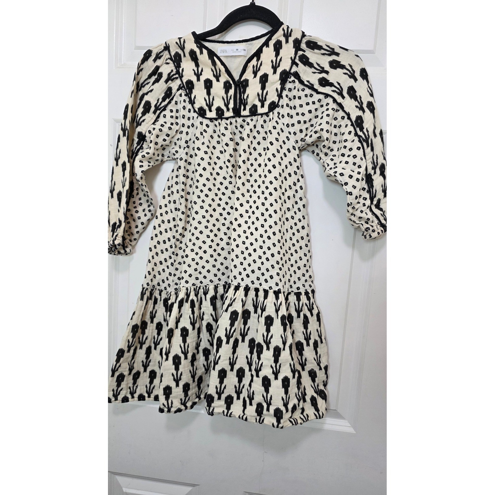 Zara Dress Girls Size 8 Cream Black Ikat Floral Geometric Cotton Boho Tiered
