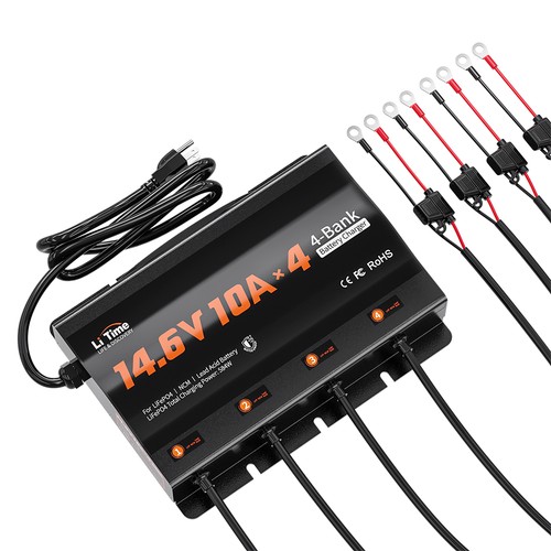 LiTime 14.6V 12V 10A*4 Bank Lithium LFP Lead Acid Battery Charger-Refurbished
