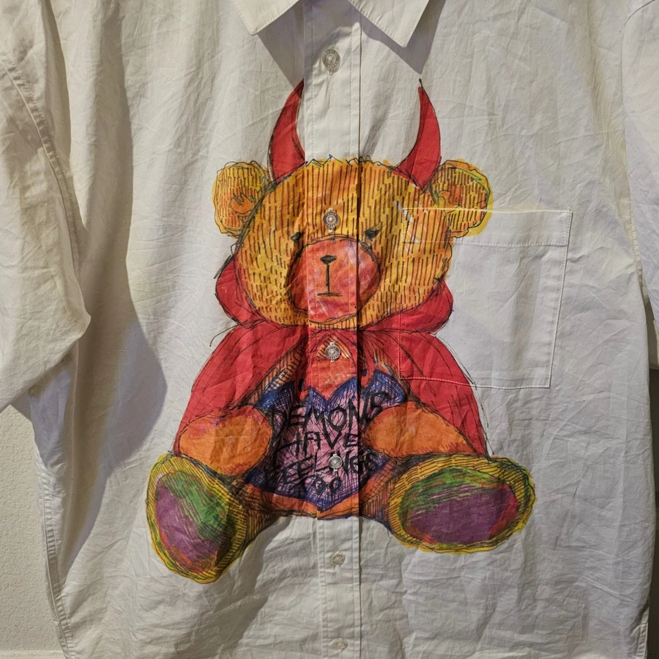 Teddy Fresh Mens White Short Sleeve Button Up Shirt Devil Bear Graphic XL - Image 3 of 4