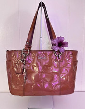Coach Signature Logo Zip-Top Large Tote Bag Pink Silver Hardware Bag Charm