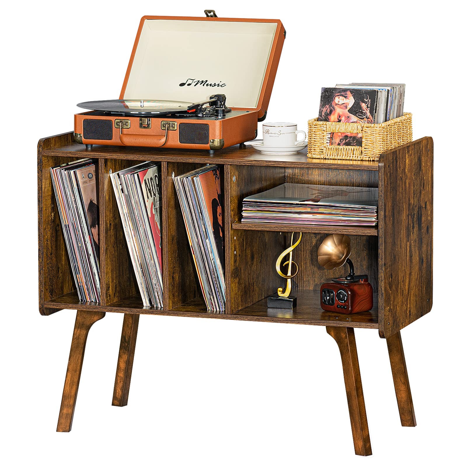 Vintage Record Player Stand with 4 Storage Cabinets Holds 220 Vinyl Albums & Turntable-image