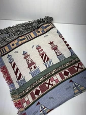Crown Crafts Lighthouse Tapestry Throw Blanket Seagull Sailboat Nautical VTG USA