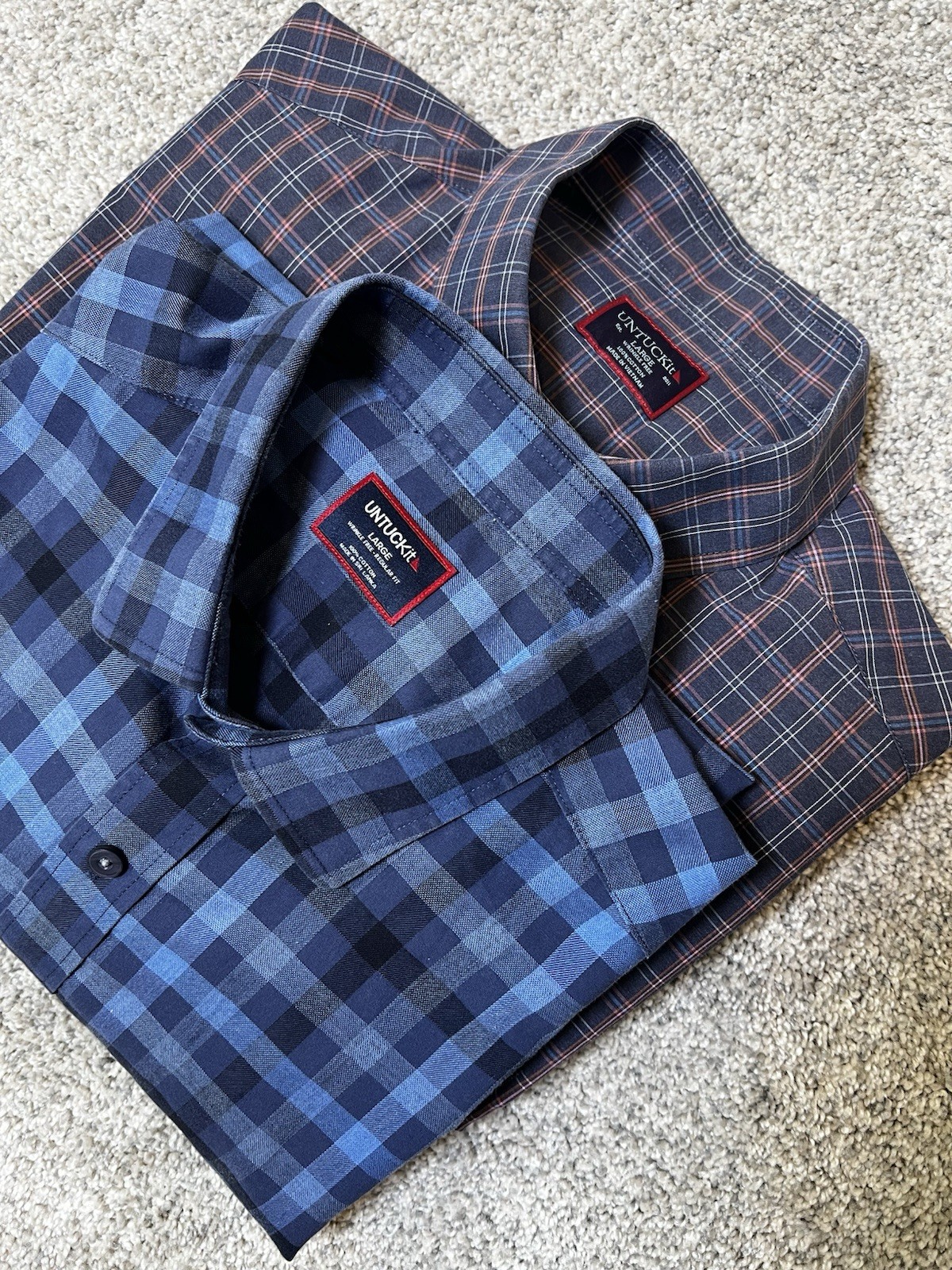 UNTUCKit Men’s  Lot/2 Long Sleeve Shirts Wrinkle Free Large Navy Blue Plaid