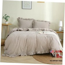 Ruffle Duvet Cover Size,100 Washed Cotton 3 Pcs Queen Taupe/White Plaid