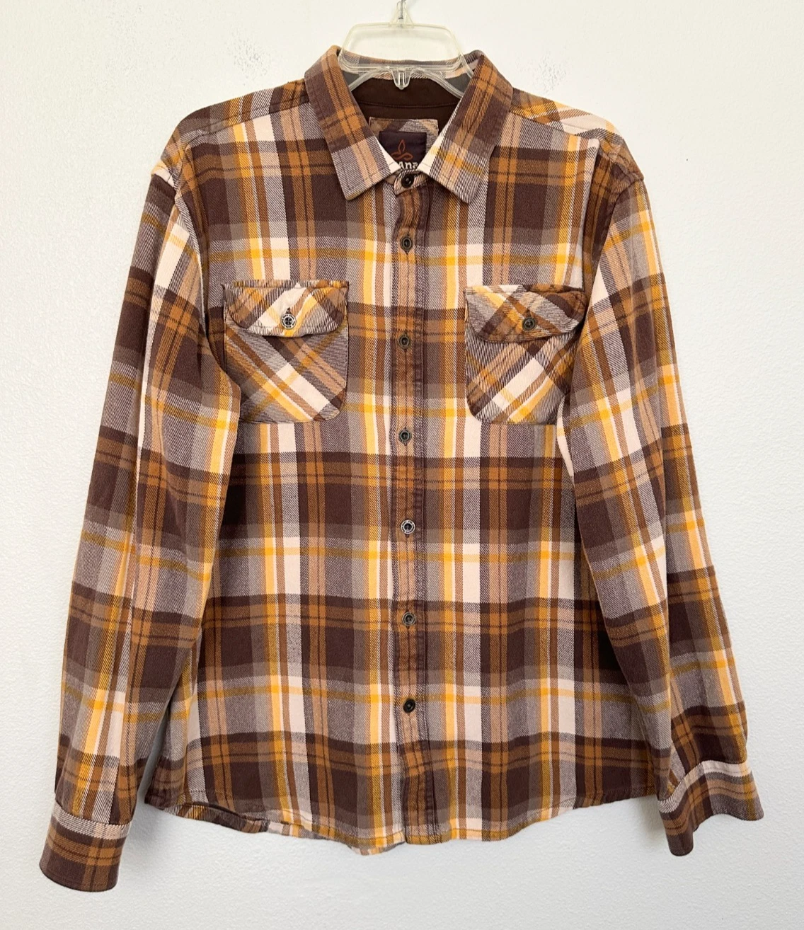 prAna Lybek Long SLeeve Flannel Shirt Jacket Brown Yellow Outdoors Men's Large