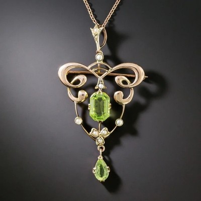 Antique Art Nouveau Seed Pearl Vintage Pendant/Brooch 925 Silver Emerald CZStone