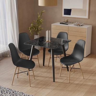 5-teiliges modernes Keramik Esstisch & Stuhl Set mit Massivholzbeinen stilvoll schwarz