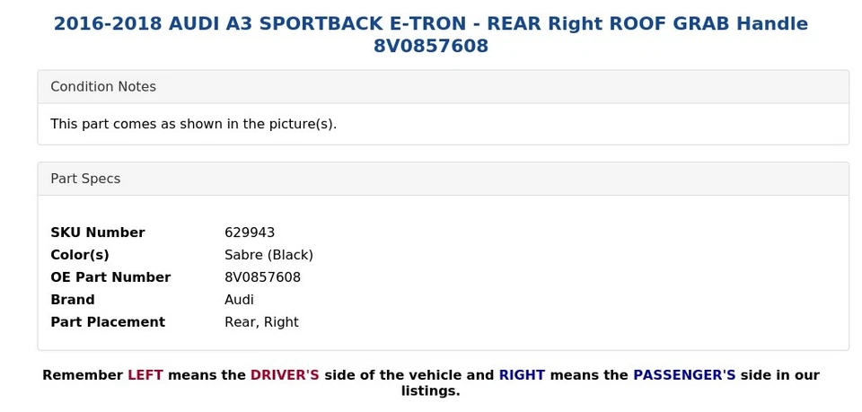 AUDI A3 SPORTBACK E-TRON 2016-2018 - manija trasera derecha del techo 8V0857608 Foto 4 de 4