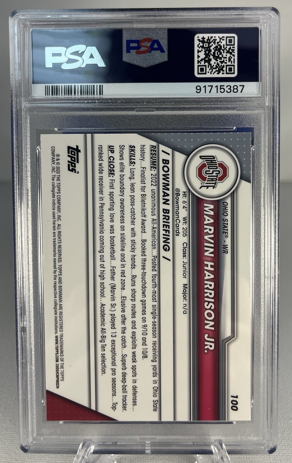 2023 Bowman U. Chrome MARVIN HARRISON JR. - 1st Bowman Sapphire #100 PSA 8 view 2