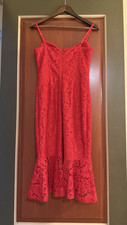 GUESS Women’s Red Floral Lace Sweetheart Fit & Flare Ruffle Dress S