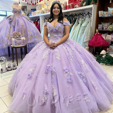 Lavender Quinceanera Dresses 3D Flower Off Shoulder Sparkling Glitter Ball Gowns