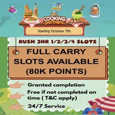 🏆COOKING PARTNERS🏆3 HR SUPER RUSH 80K POINTS SLOTS🔥FULL CARRY ✨WILD STICKER