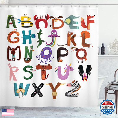Lunarable Abc Shower Curtain Funny Cartoon Alphabet Fox Monkey Snake Animals