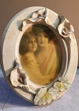 Vtg Tabletop Oval Picture Frame Iridescent Purple w 3D Roses Flowers Ribbons