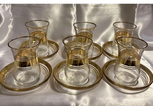 6 Vtg  Pasabahce Gold Decorated  4oz Turkish Tea Glasses 3" And Saucers In Box
