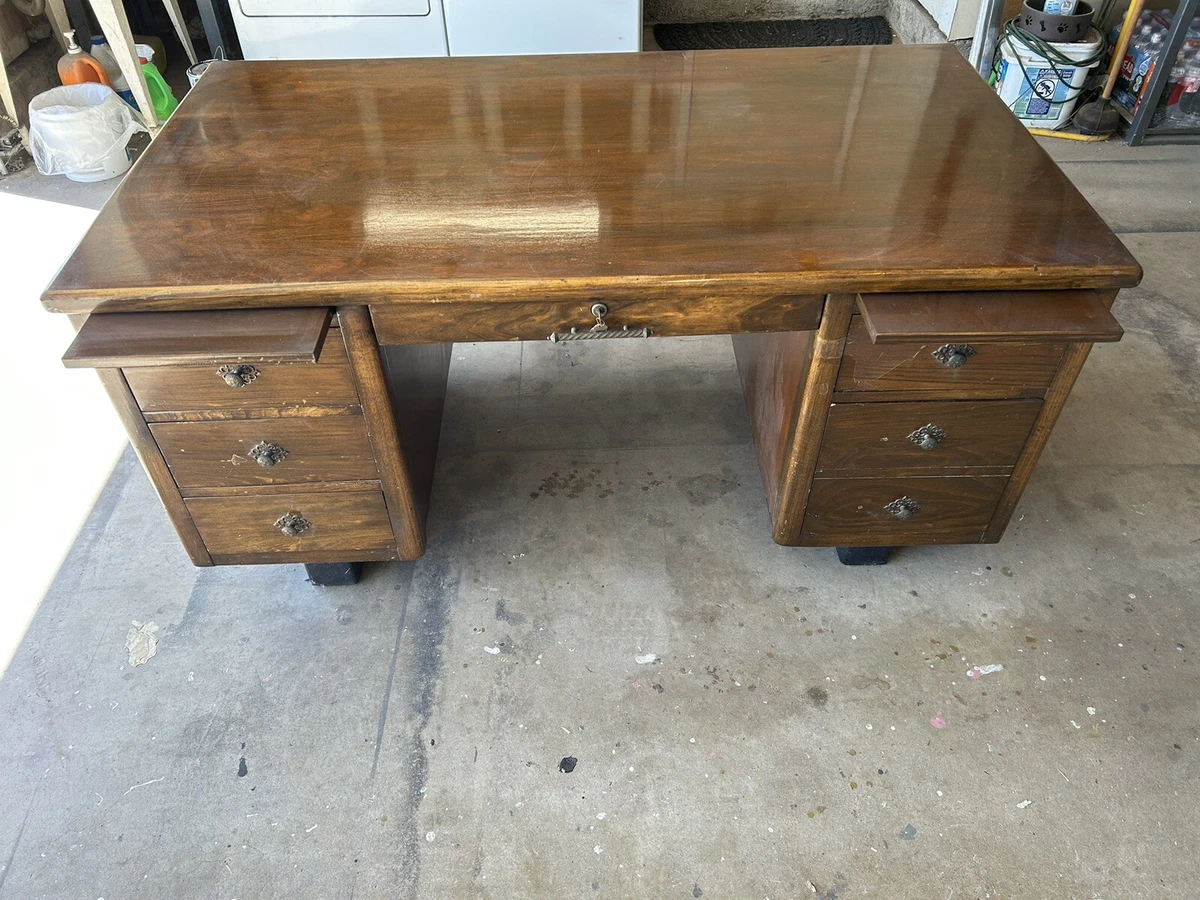 Vintage 1950 s Secretary Desk. Used. Made In USA. Six Lockable Drawers