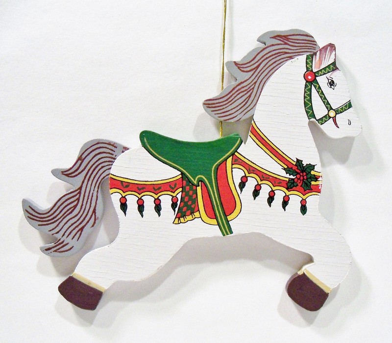 Prancing Show Horse Pony Holly Fancy Flat Wooden Wood Vintage Christmas Ornament