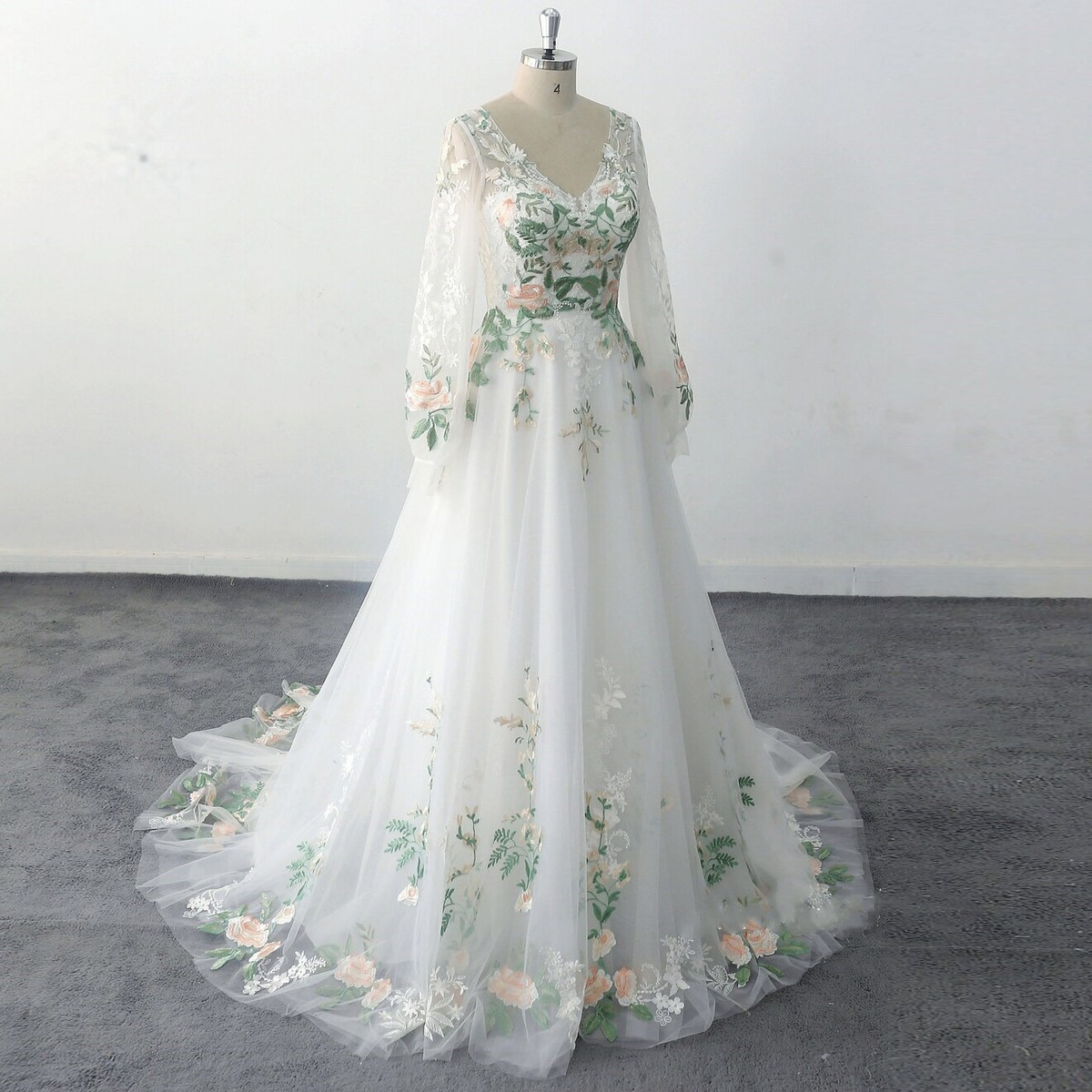 Elegant 3D Floral Lace Wedding Dresses V-Neck Long Sleeve Applique Bridal  Gowns | eBay