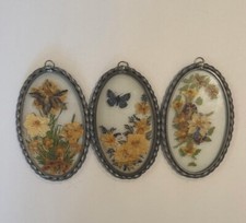 VTG Pressed Flowers Twisted Pewter Frames Lasting Impressions Lot of 3 Oval
