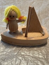 Vintage 1978 Russ Berrie Co. Wooden Doll On A Boat Figure