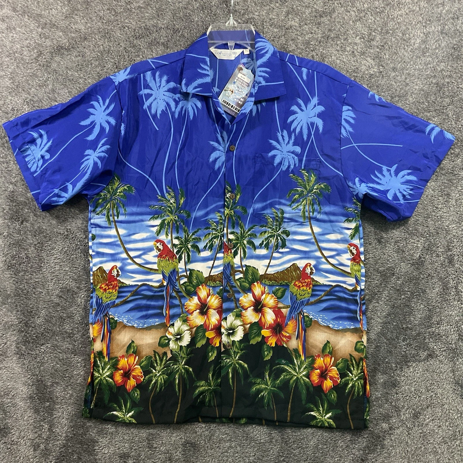 Uluwatu Collection Shirt Mens XL Blue Hawaiian Button Floral Parrots AOP