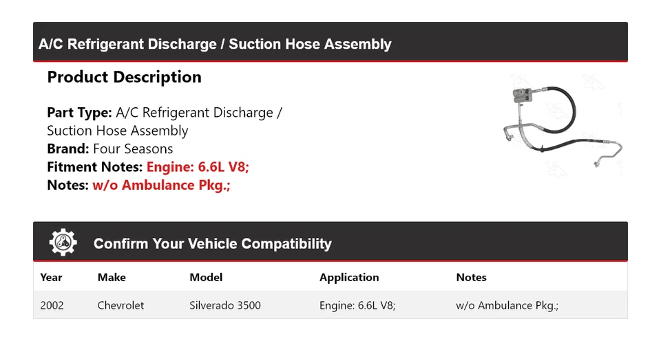 Conjunto de manguera de línea de succión de descarga para Chevrolet Silverado 3500 2002 4 Seaso Foto 2 de 4
