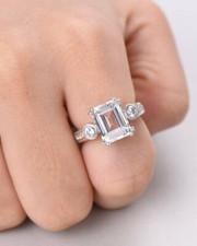 5Ct Emerald Cut Simulated Diamond Stylish with Accent Ring 14K White Gold Plated