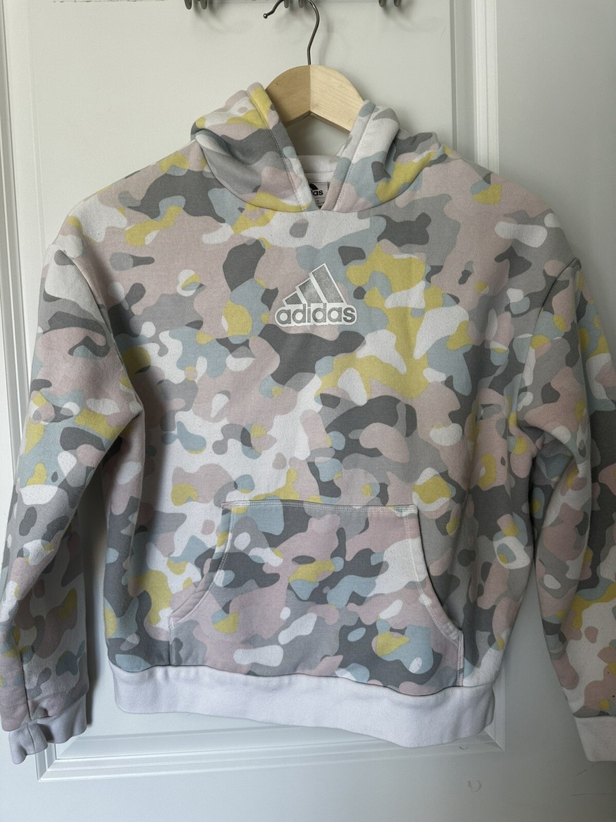Adidas Girls Crop Hoodie Size Large 14 pink/multi colored camo print