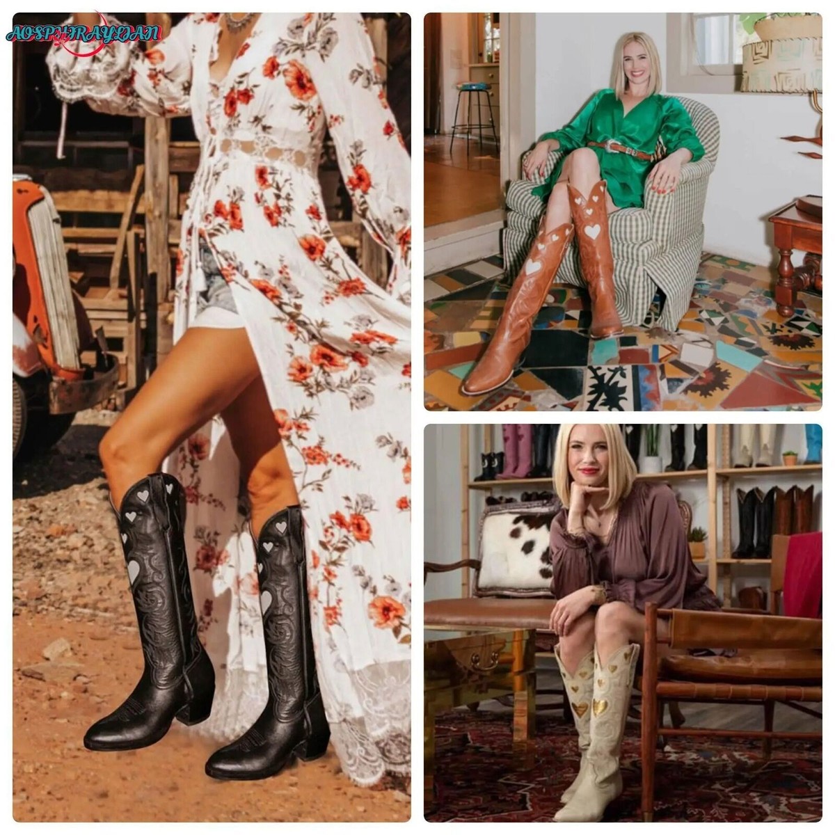 Pink Heart Shape Knee High Cowboy Boots Women Sewing Western