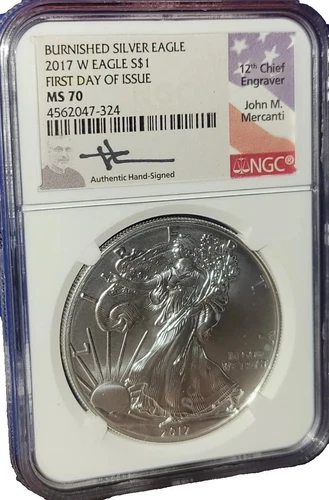 2017 W  MS70 Silver Eagle Burnished NGC Mercanti Flag Label FDOI