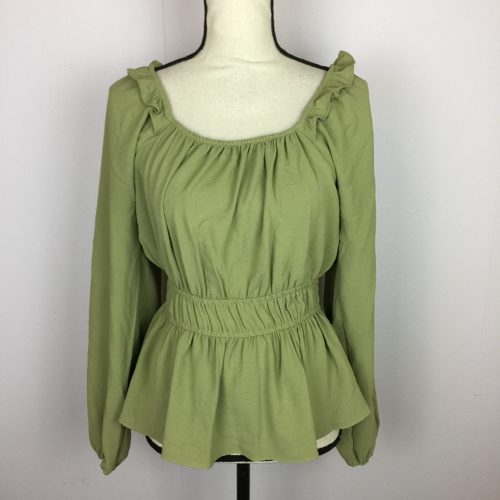 Nine West Peplum Blouse Top Sz S Womans Green Smocked Waist Long Sleeve  Ruffle | eBay