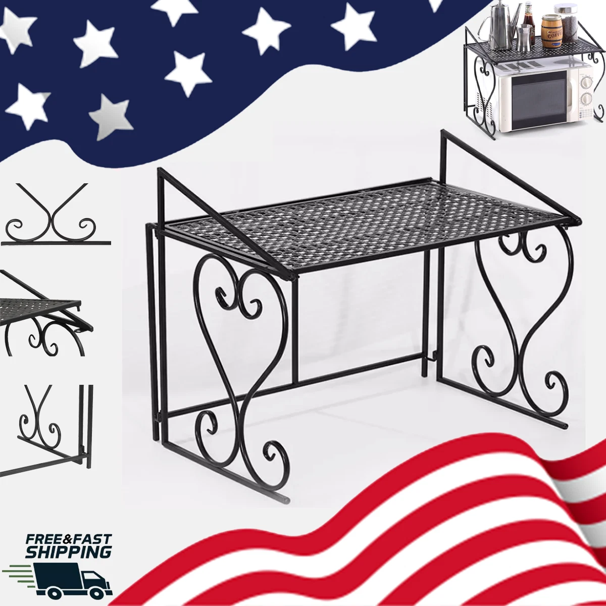 2-Tier Black Metal Microwave Rack - Kitchen Counter Shelf & Storage Organizer