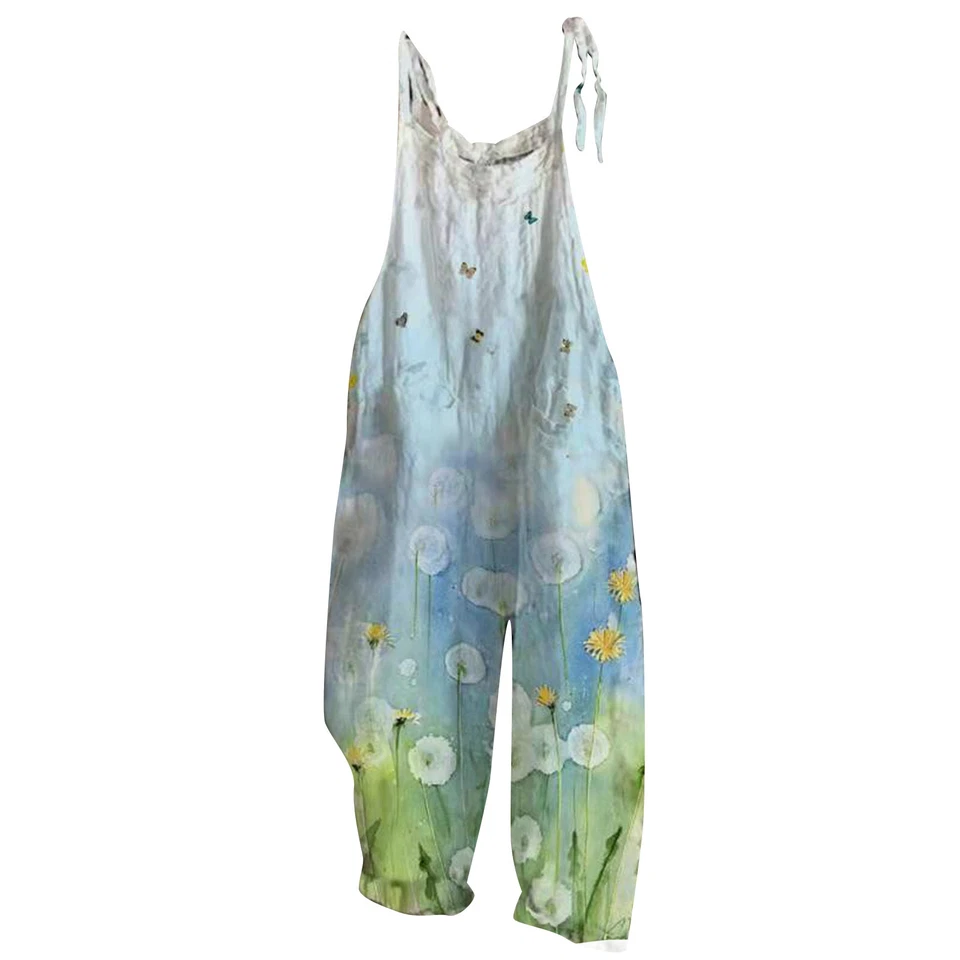 Macacões regata femininos casuais soltos sem mangas gola quadrada perna larga manchada - Imagem 3 de 4