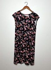 Ann Taylor Loft NEW Floral Swing Dress Black Pink Stretchy Sz Med Tall / Long
