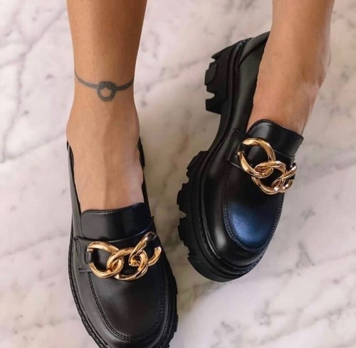 Scarpe donna ecopelle mocassini slip on catena tacco carrarmato basso new  moda | eBay