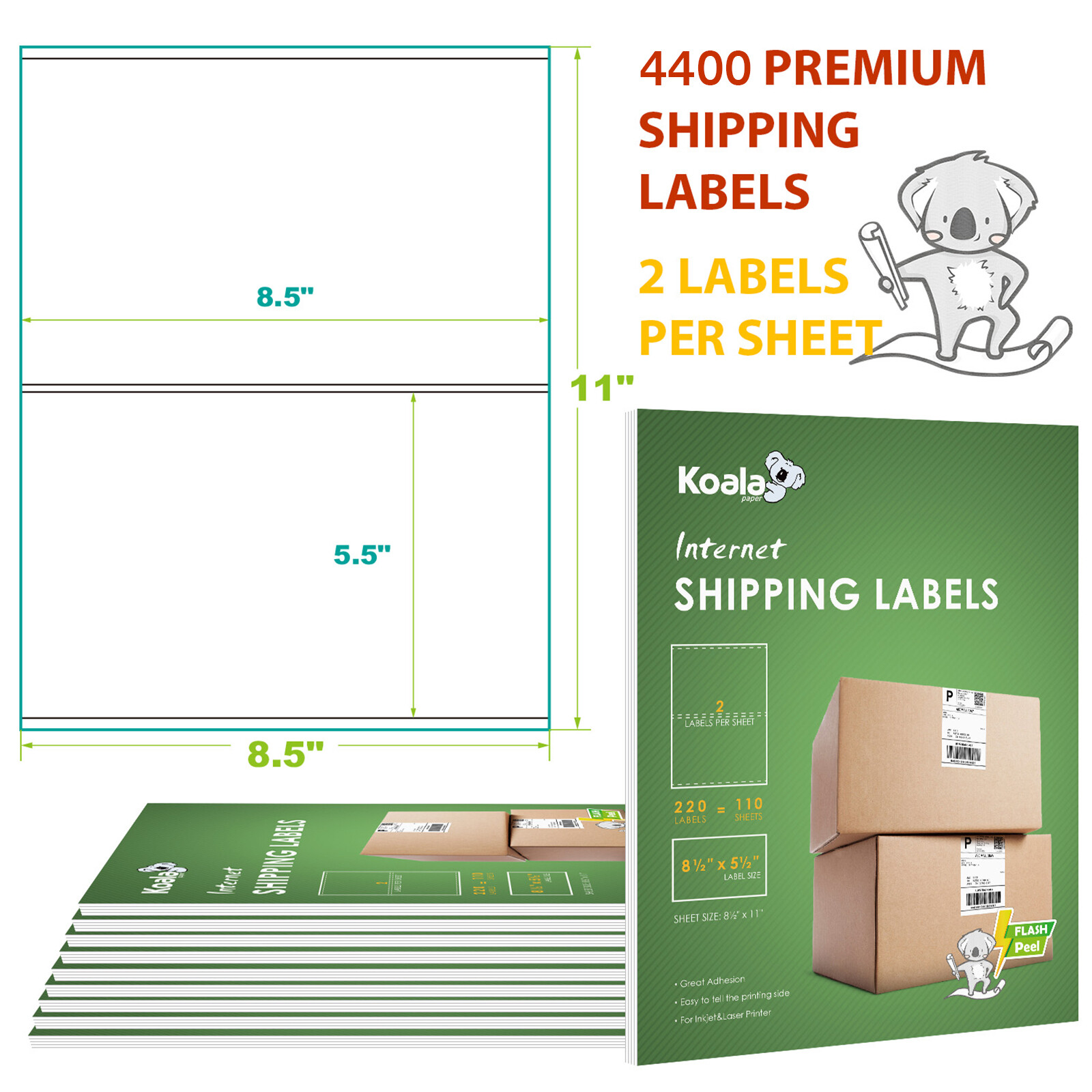 220-1100-4400 Shipping Labels 8.5x5.5 half sheet Self Adhesive 2 Per Sheet KOALA