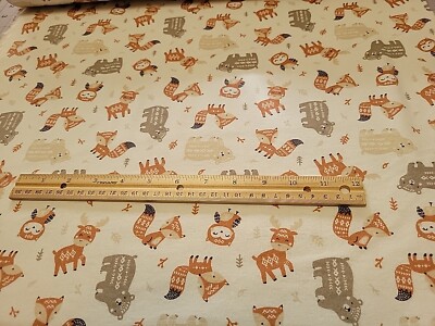 2 Yards White Camelot Woodland Animal Fox/Moose/Bear/ Racoon/Owl Flannel Fabric