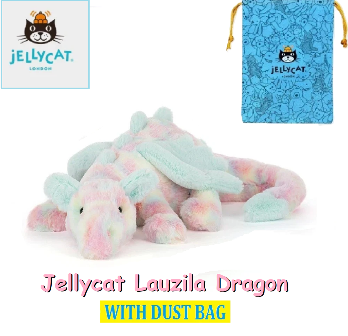 New Jellycat Lazulia Dragon with Dust Bag – Cute Soft Plush Toy